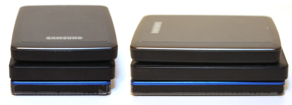 The blue Seagate (on the bottom) is the slimmest, followed by the HGST (in the middle), and the Samsung (on the top).